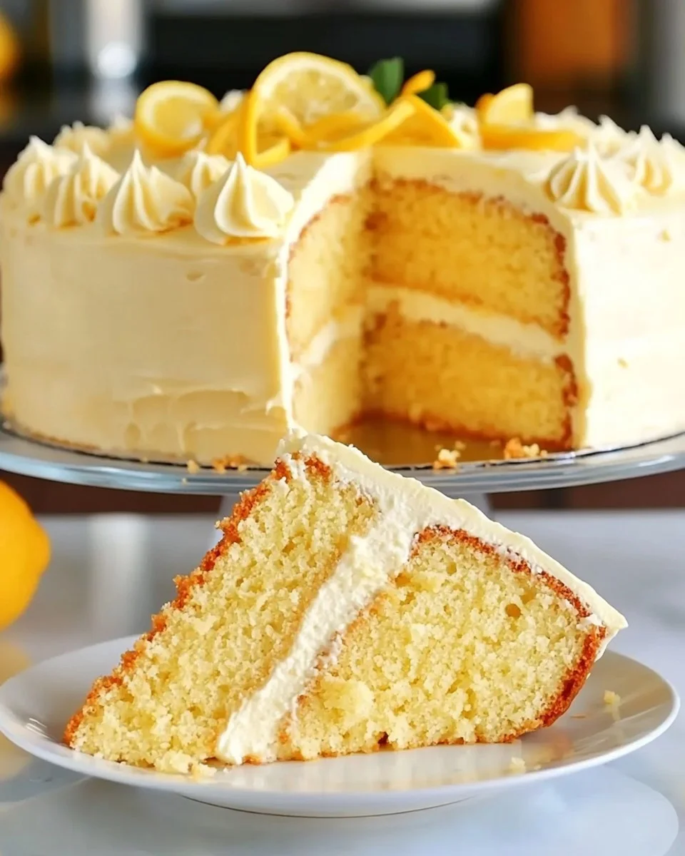 Three-layer lemon cloud cake dusted with powdered sugar and garnished with lemon slices and mint