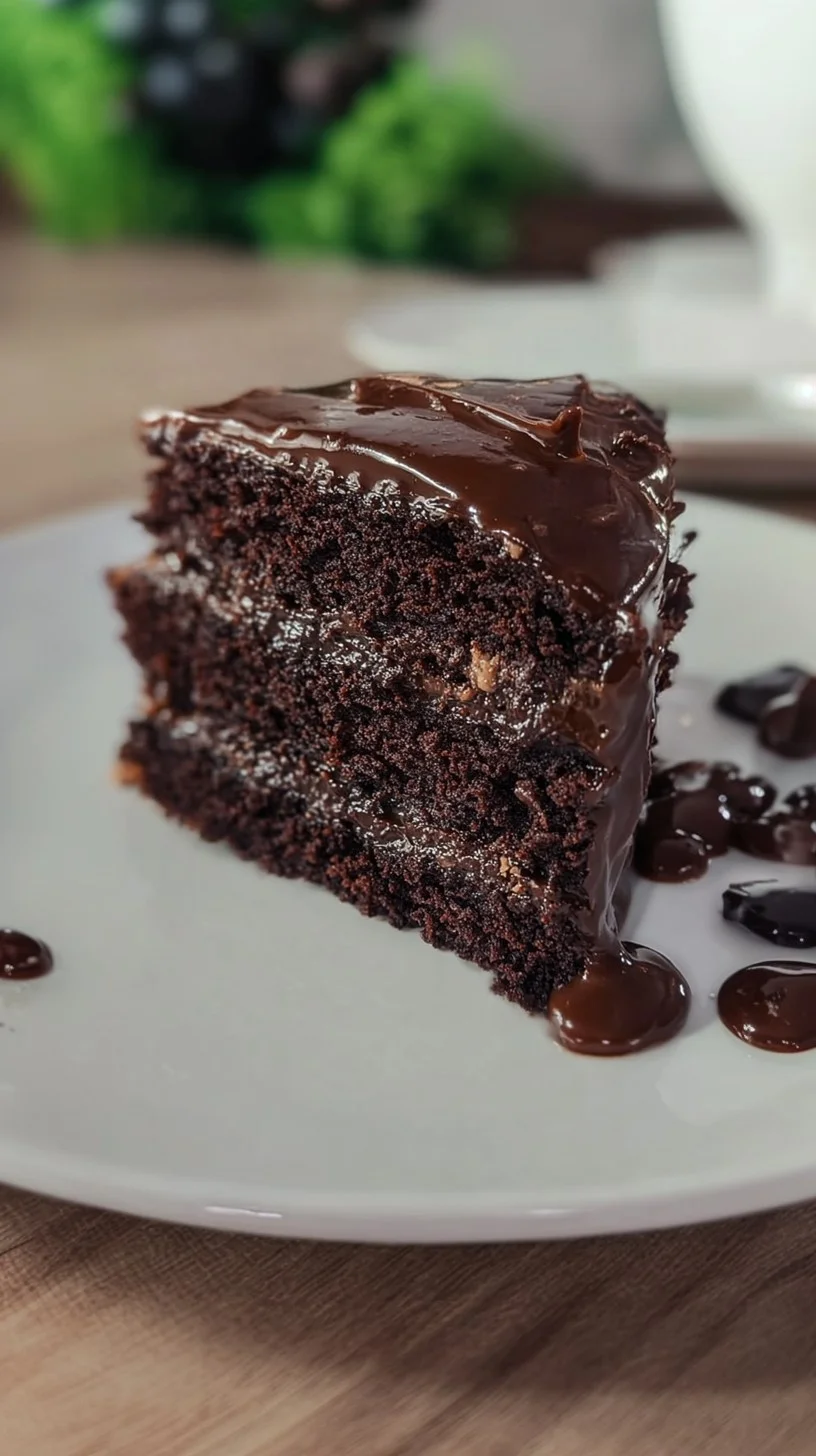 Multi-layered midnight chocolate cake with glossy ganache and edible silver stars on a wooden table under moonlight.