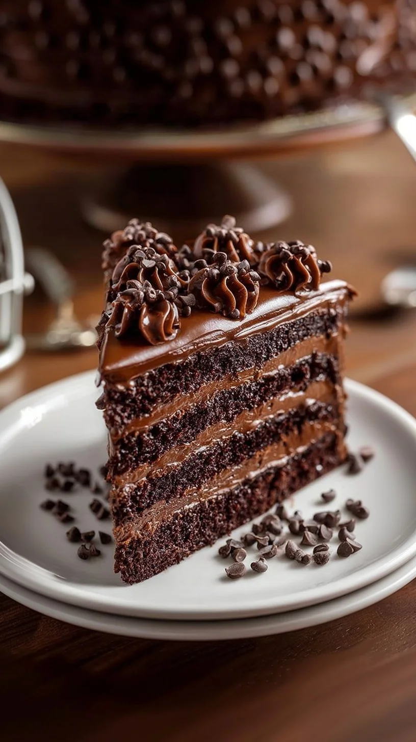 Slice of midnight chocolate fudge cake with glossy ganache and chocolate shavings on a dark wooden surface