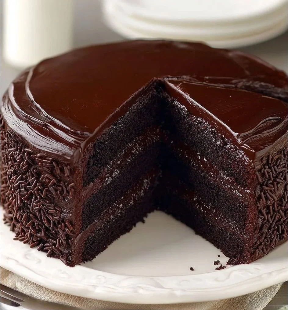 midnight chocolate layer cake with glossy ganache, chocolate curls, edible gold dust, and raspberries on a dark backdrop