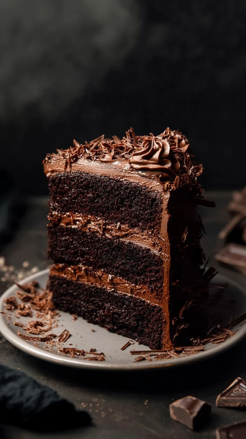 A decadent midnight fudge layer cake with glossy ganache, fudge frosting layers, and chocolate shards.