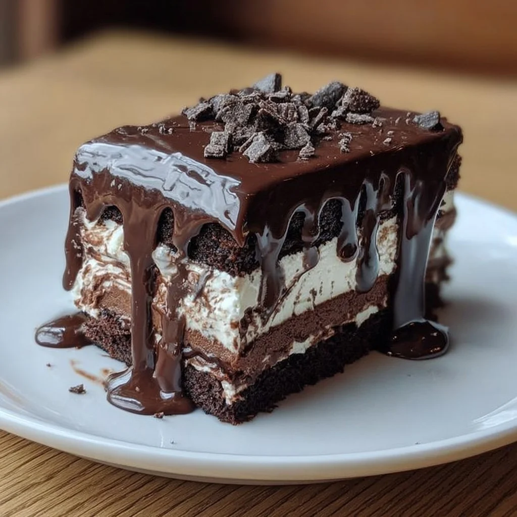 A decadent midnight fudge layer cake drizzled with glossy chocolate ganache and topped with raspberries. Three-tier midnight fudge layer cake with glossy chocolate ganache, fresh raspberries, and gold leaf on a black slate platter.