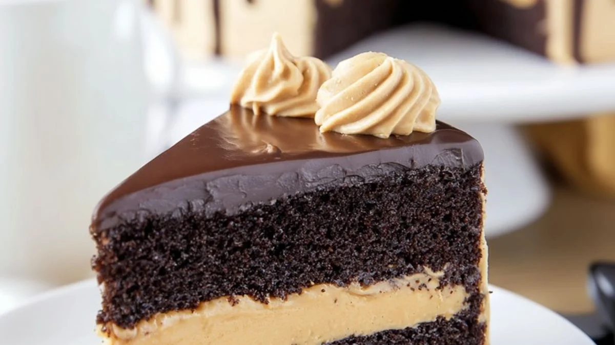 Peanut Butter Drip Cake 2 A decadent Peanut Butter Drip Cake with creamy frosting and chocolate ganache dripping down the sides.