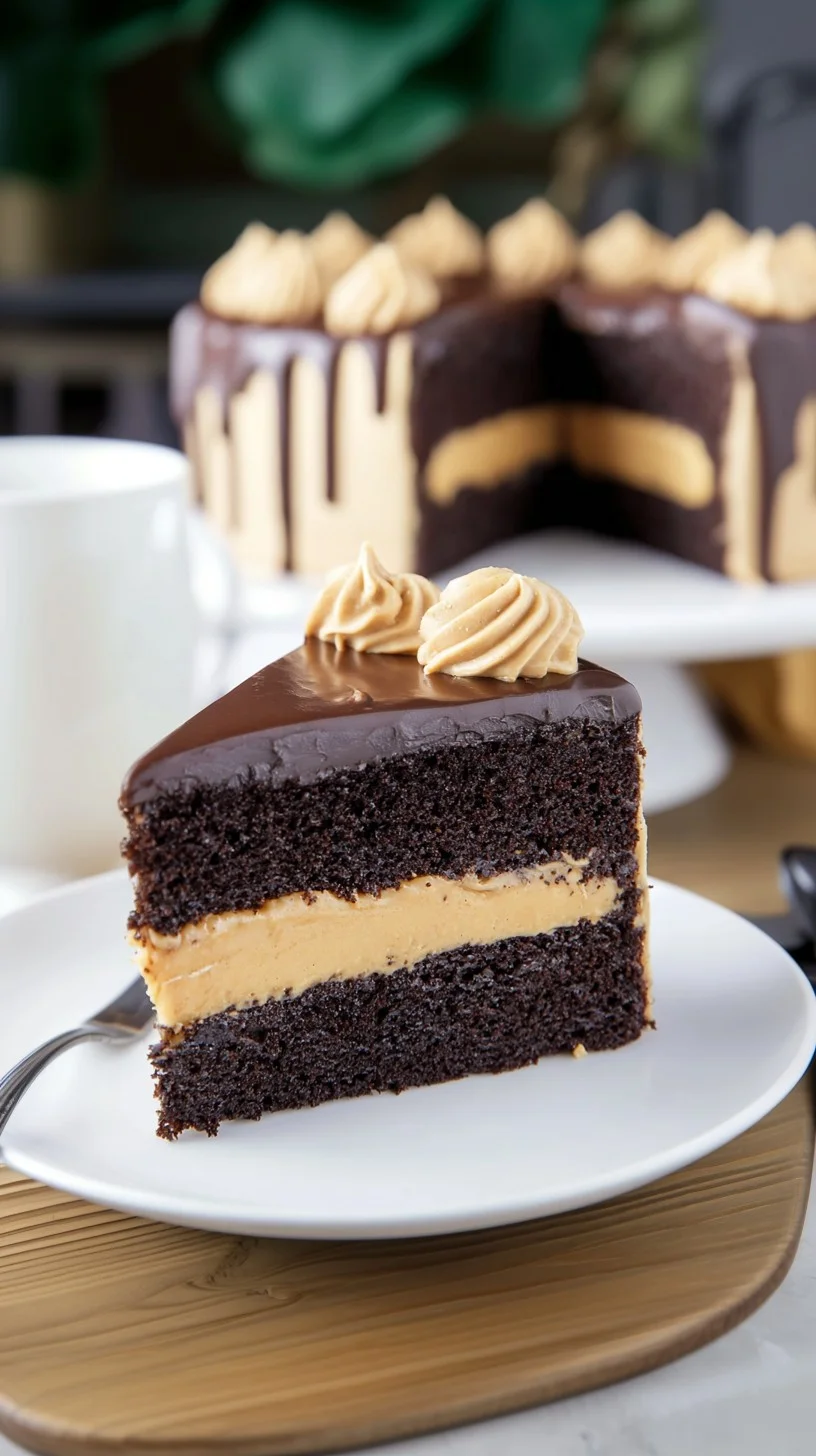 Luscious peanut butter drip cake with crunchy peanut toppings. Three-tier peanut butter drip cake with caramel frosting, peanut butter glaze drips, and peanut toppings on a wooden cake stand.