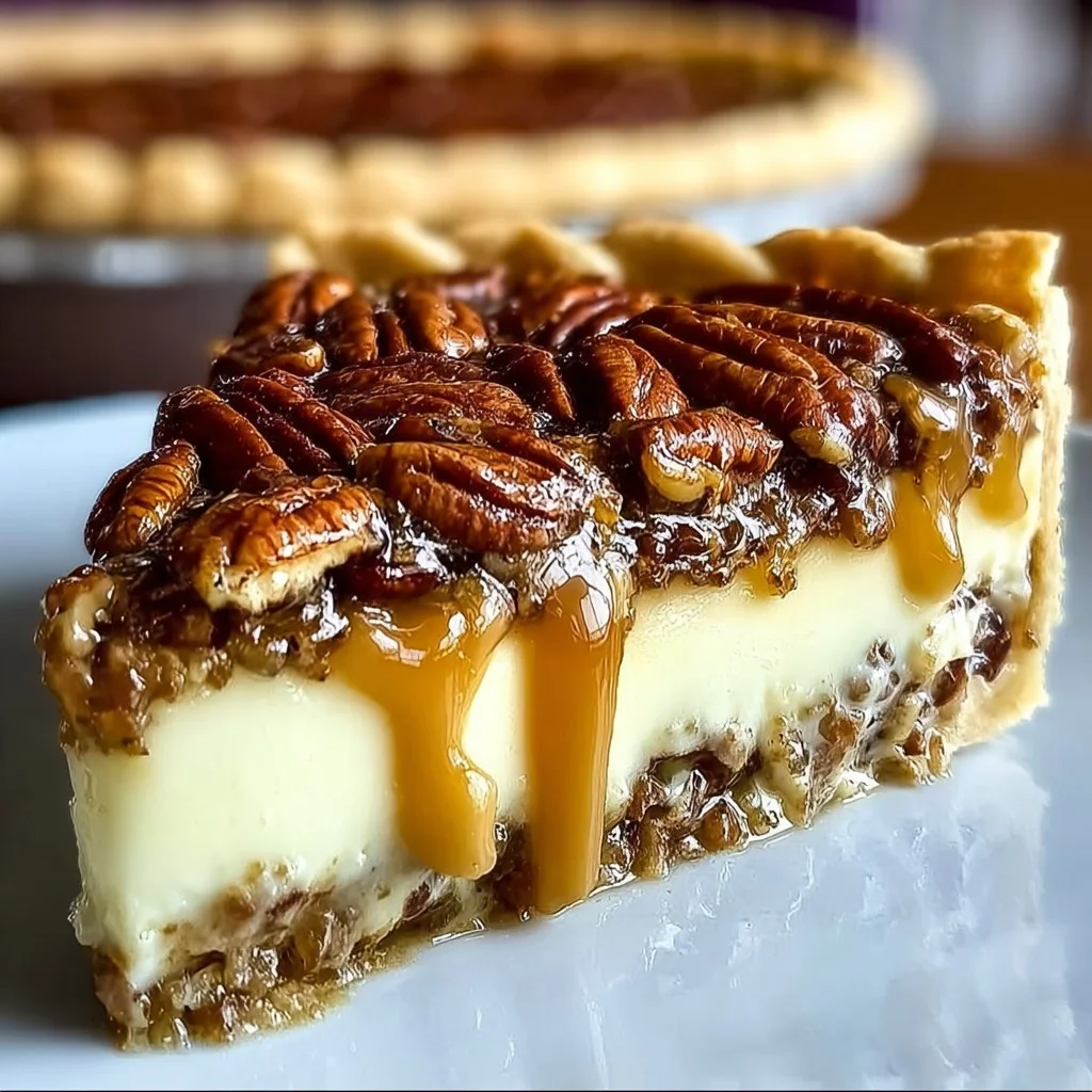 Slice of Pecan Silk Melt Pie with glossy caramel pecan topping on a rustic wooden table.