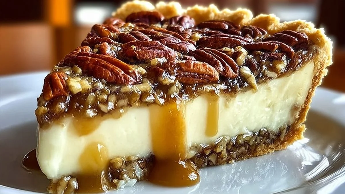 A slice of Pecan Silk Melt Pie with smooth, silky filling topped with toasted pecans and caramel drizzle.