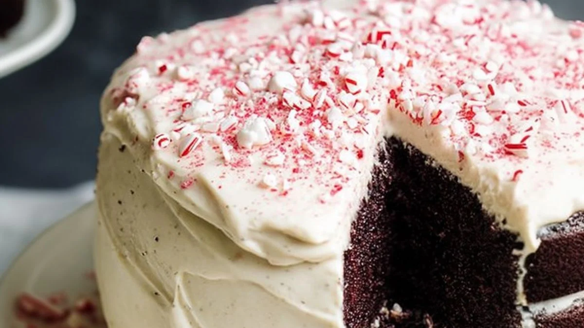 Slice of Peppermint Chocolate Cake topped with crushed candy canes on a white plate