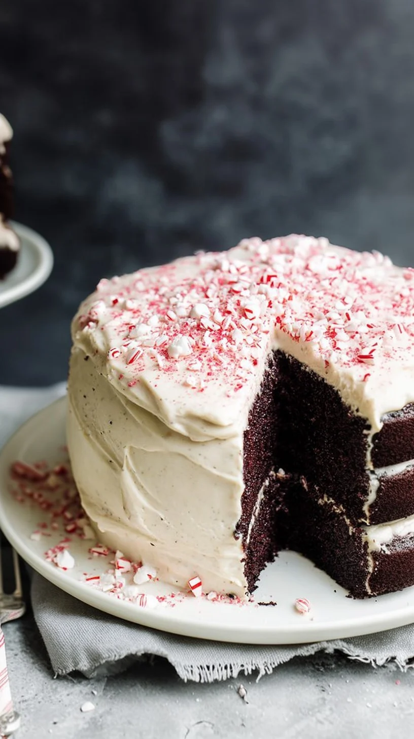 Close-up of a three-layer peppermint chocolate cake topped with chocolate ganache, crushed candy canes, and fresh peppermint sprigs.