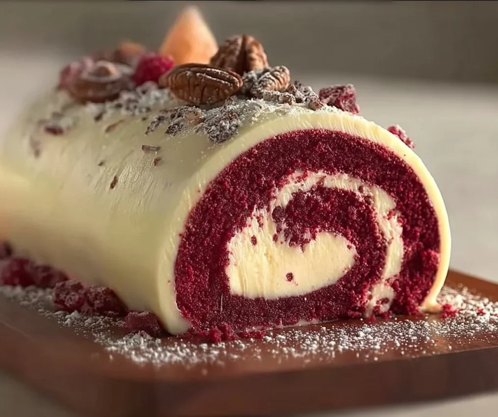 Close-up of a sliced red velvet cheesecake roll with cream cheese filling, garnished with raspberries and mint.