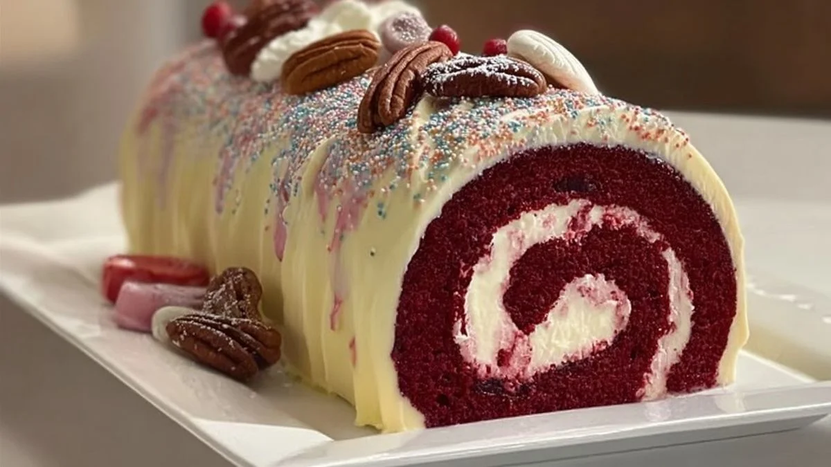 Freshly sliced Red Velvet Cheesecake Roll on a white plate with cocoa dusting and berries.