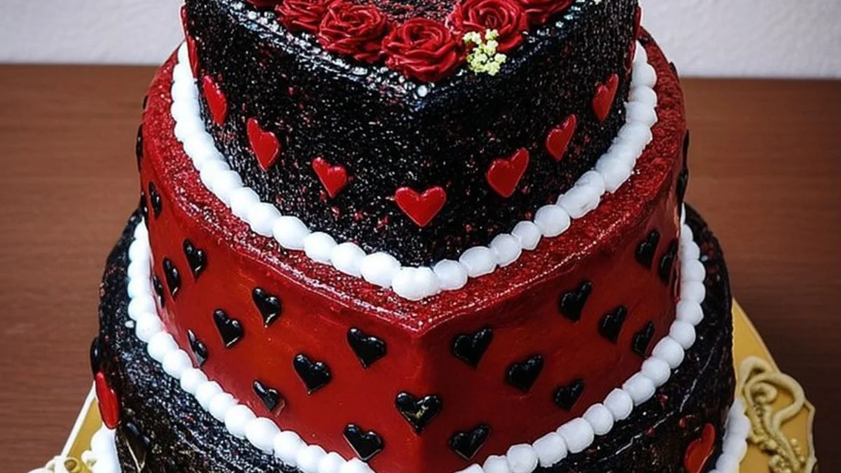 A heart-shaped Red Velvet Love Cake with cream cheese frosting and rose petal garnish.