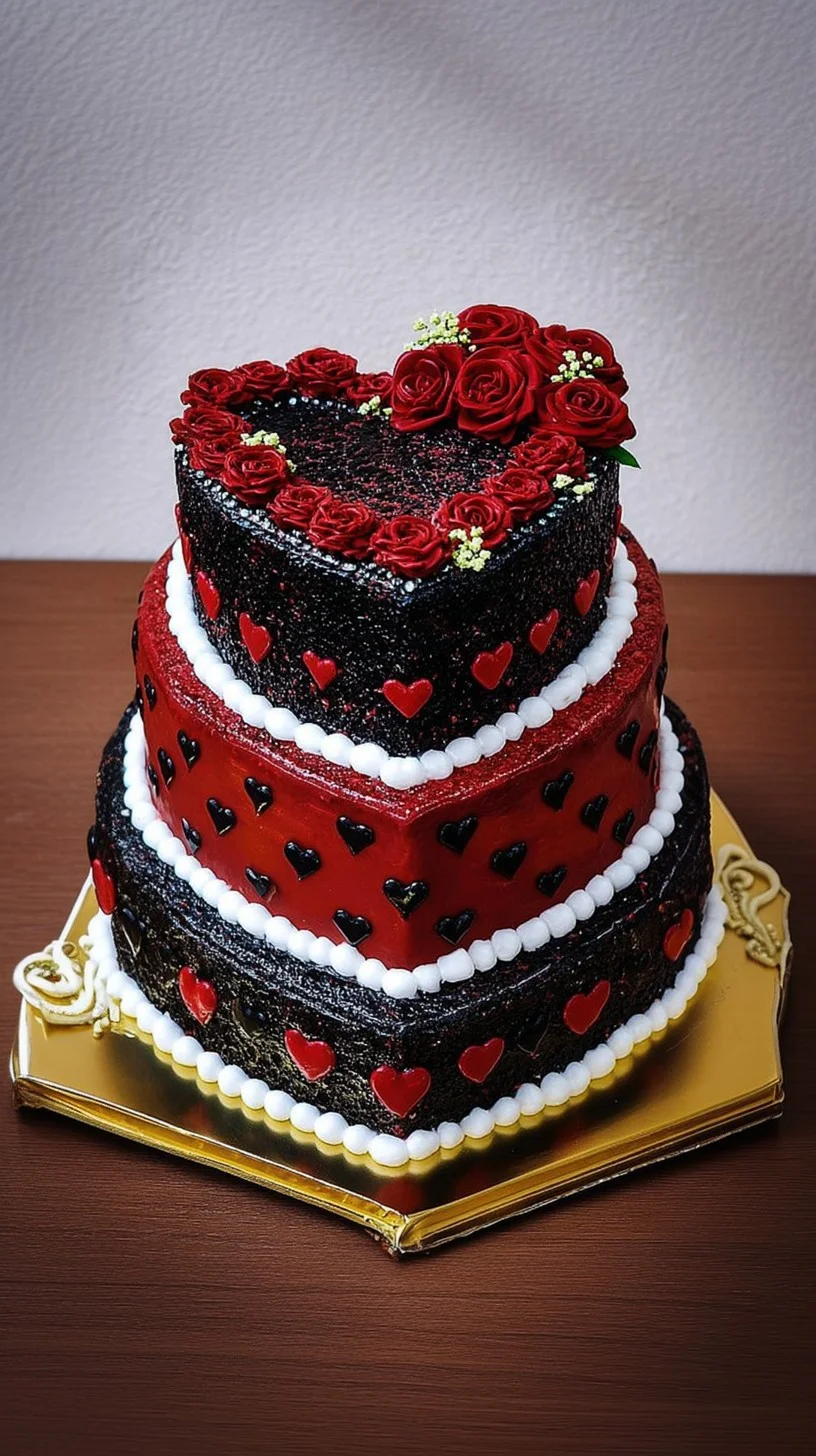 Heart-shaped red velvet cake with cream cheese frosting, raspberries, and rose petals.