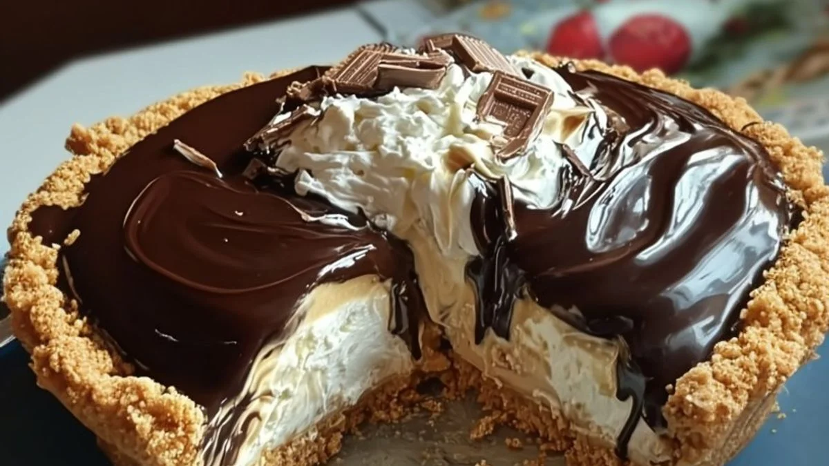 Chocolate Cream Pie 2 A rich Chocolate Cream Pie topped with swirls of whipped cream and chocolate shavings on a rustic wooden table.