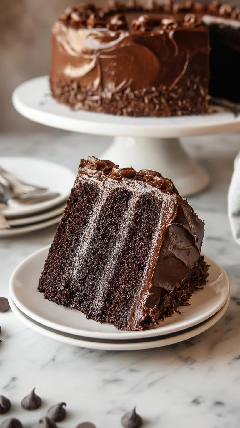 Rich triple chocolate cake with glossy ganache and chocolate shavings