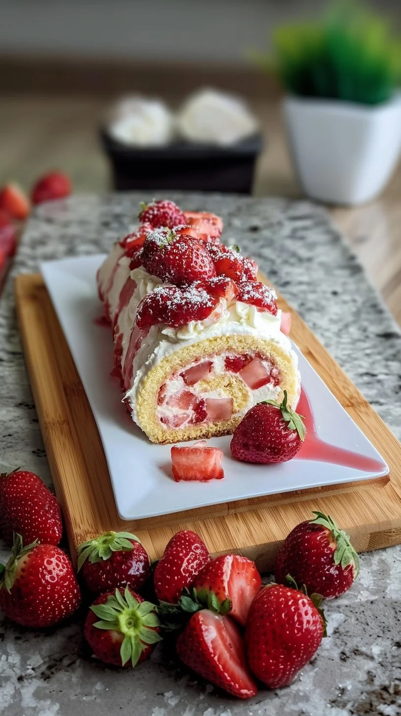 A delicious slice of Strawberry Chantilly Roll garnished with fresh berries. Fresh slice of Strawberry Chantilly Roll with whipped cream swirl and fresh strawberries.