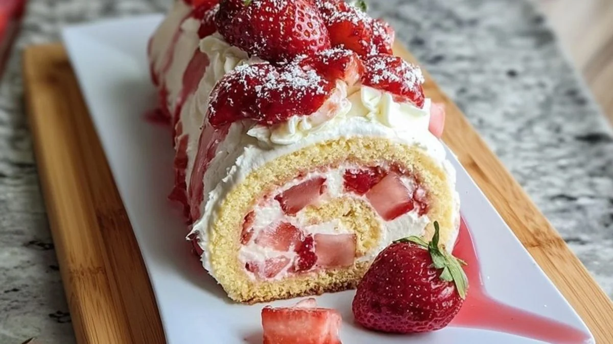 Strawberry Chantilly Roll 2 Freshly sliced Strawberry Chantilly Roll with creamy filling and ripe strawberries displayed on a white plate.