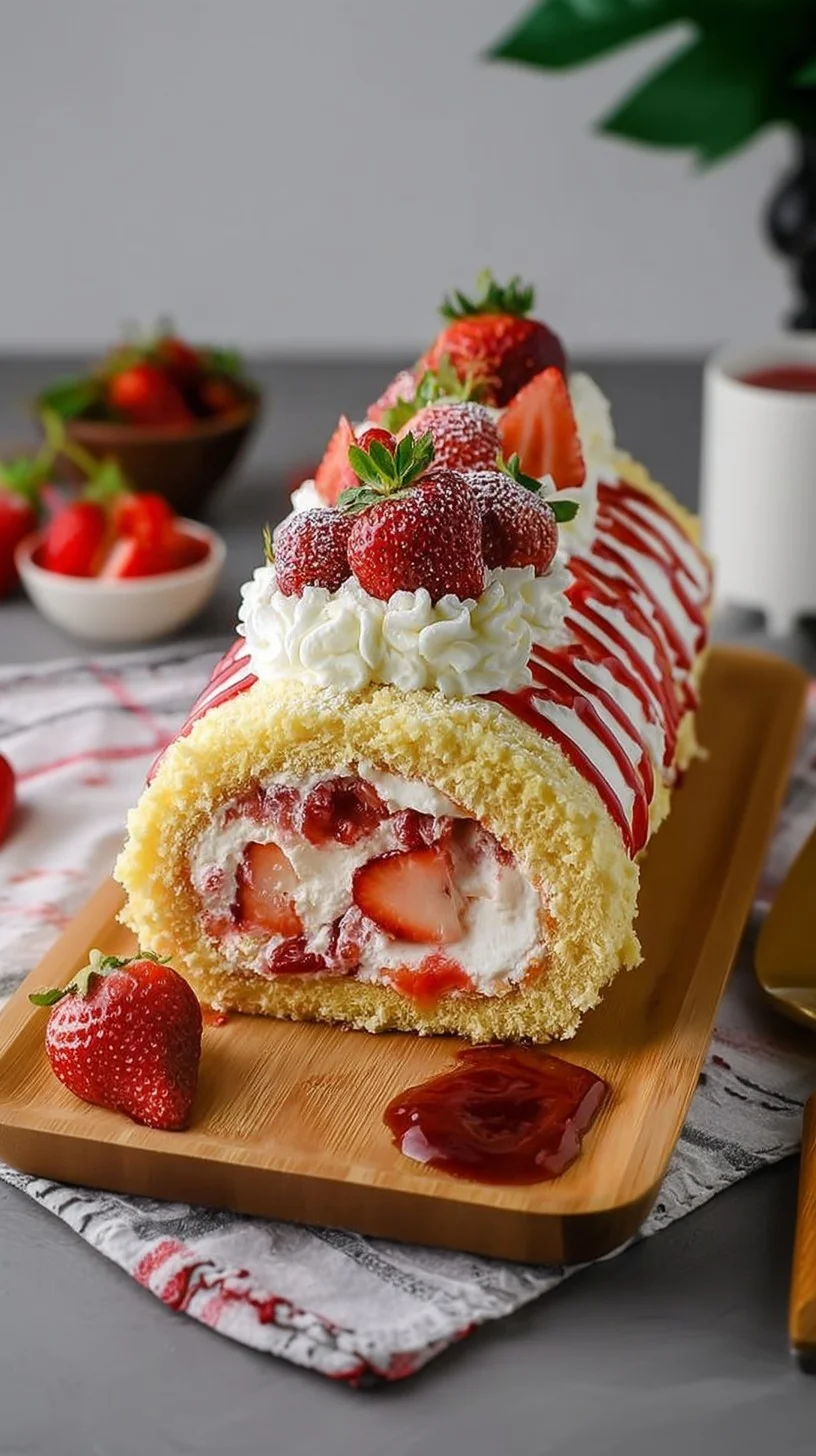 Sliced strawberry cream roll cake with whipped cream and fresh strawberries on a wooden board.