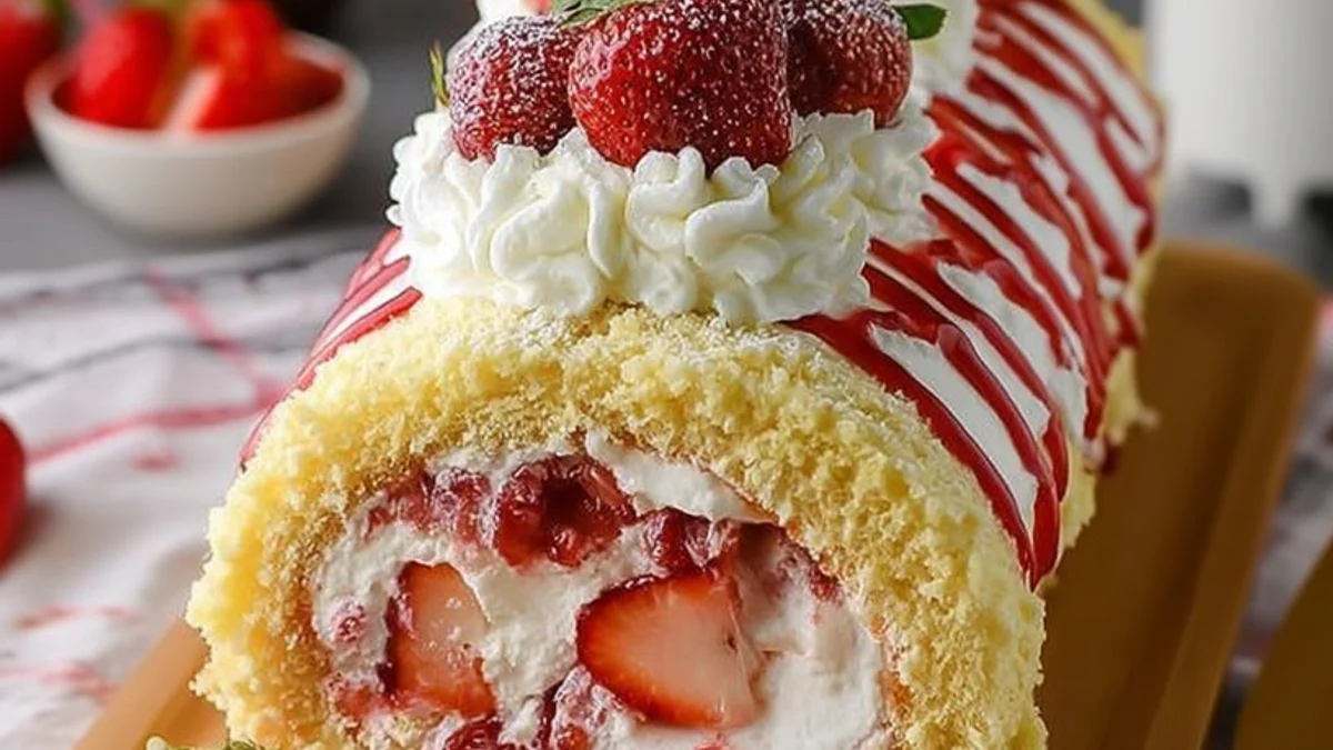 Close-up of a freshly sliced Strawberry Cream Roll with whipped cream and ripe strawberries.