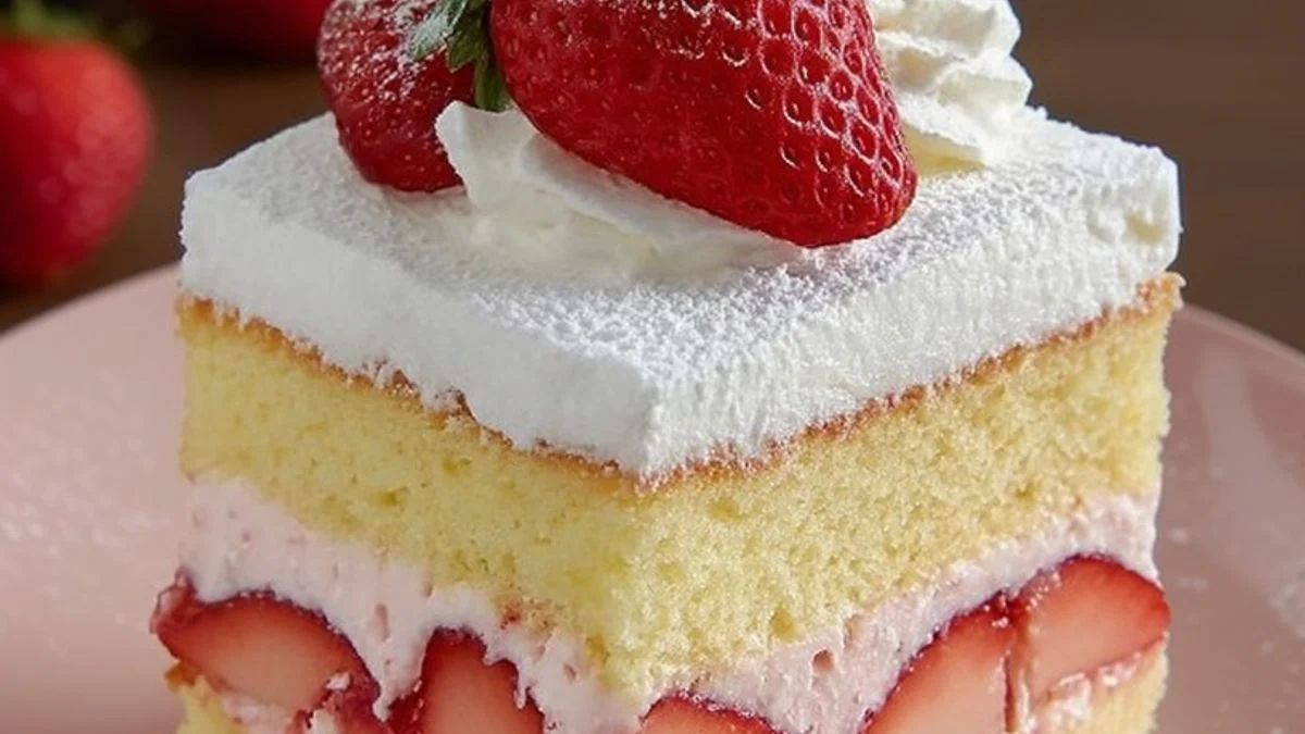 Fresh strawberry cream square topped with ripe strawberry slices and mint on a wooden board