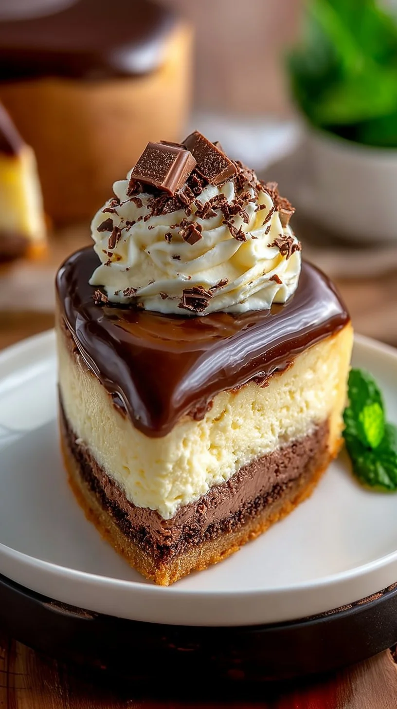 Triple chocolate caramel square with three glossy layers, gooey caramel drizzle, chocolate shavings, and sea salt on a rustic wooden board.