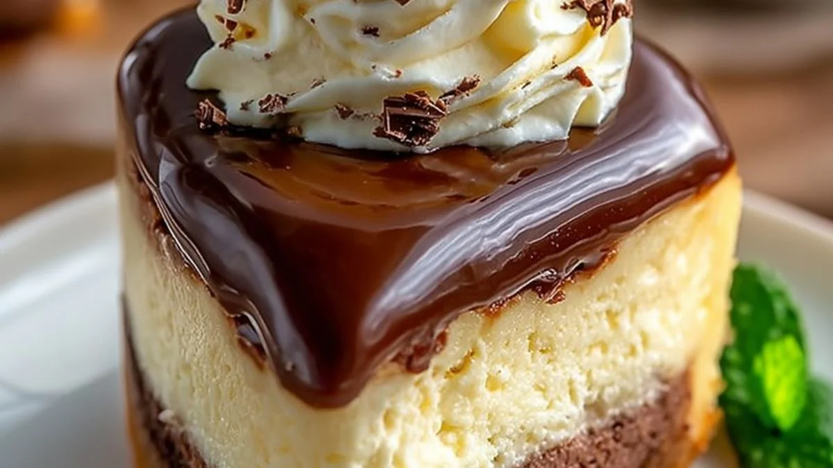 A decadent Triple Chocolate Caramel Square with glossy caramel drizzle and chocolate shavings on a rustic board.