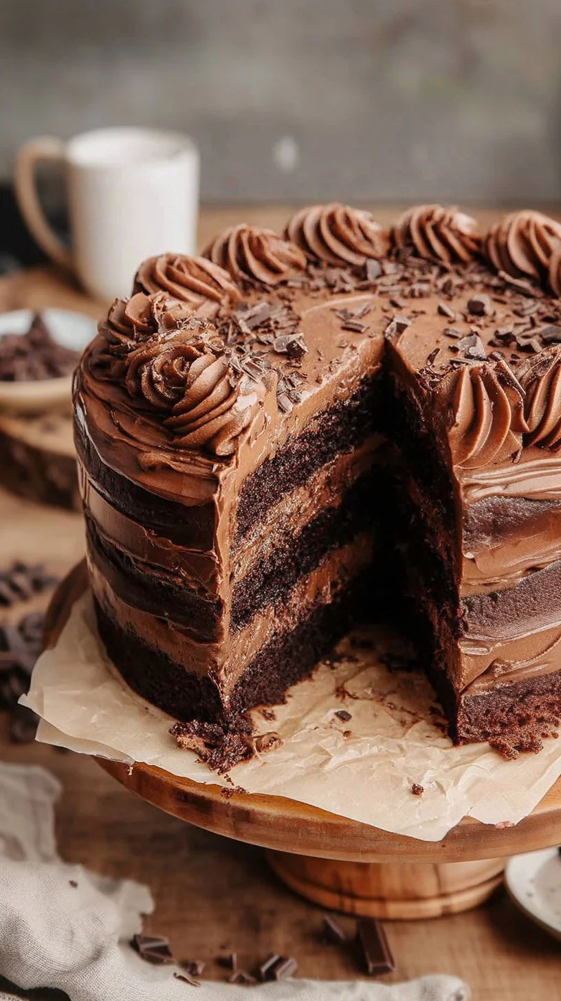 Close-up of a triple chocolate layer cake with dark, milk, and white chocolate sponges, ganache fillings, and chocolate curls on a wooden board.