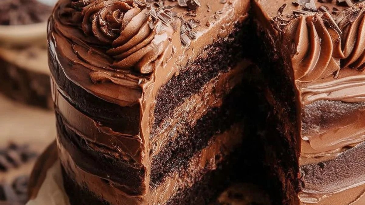 Close-up of a slice of Triple Chocolate Layer cake with dark, milk, and white chocolate layers.
