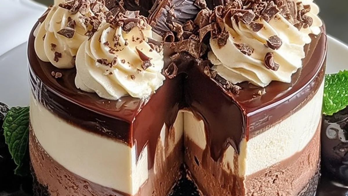 A slice of Triple Chocolate Mousse Cake with layers of dark, milk, and white chocolate mousse topped with chocolate curls.