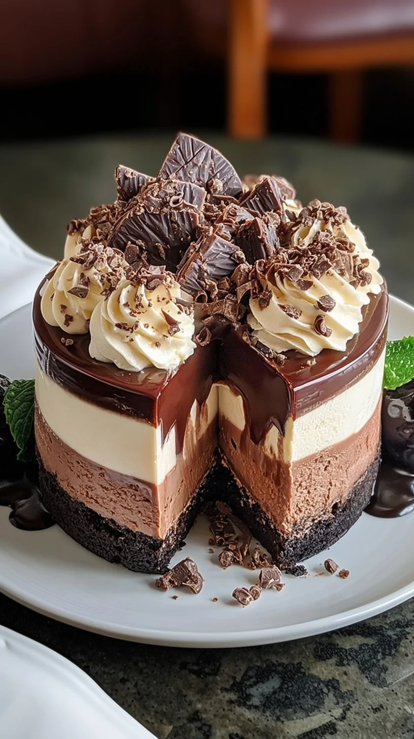 A slice of triple chocolate mousse cake with dark, milk, and white chocolate layers topped with glossy ganache and chocolate shavings.