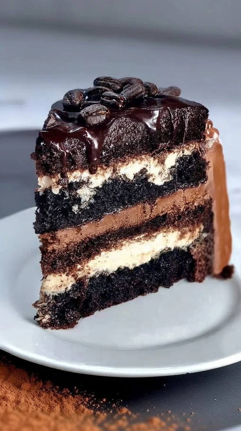 Slice of triple mocha velvet cake with mocha buttercream and chocolate shavings