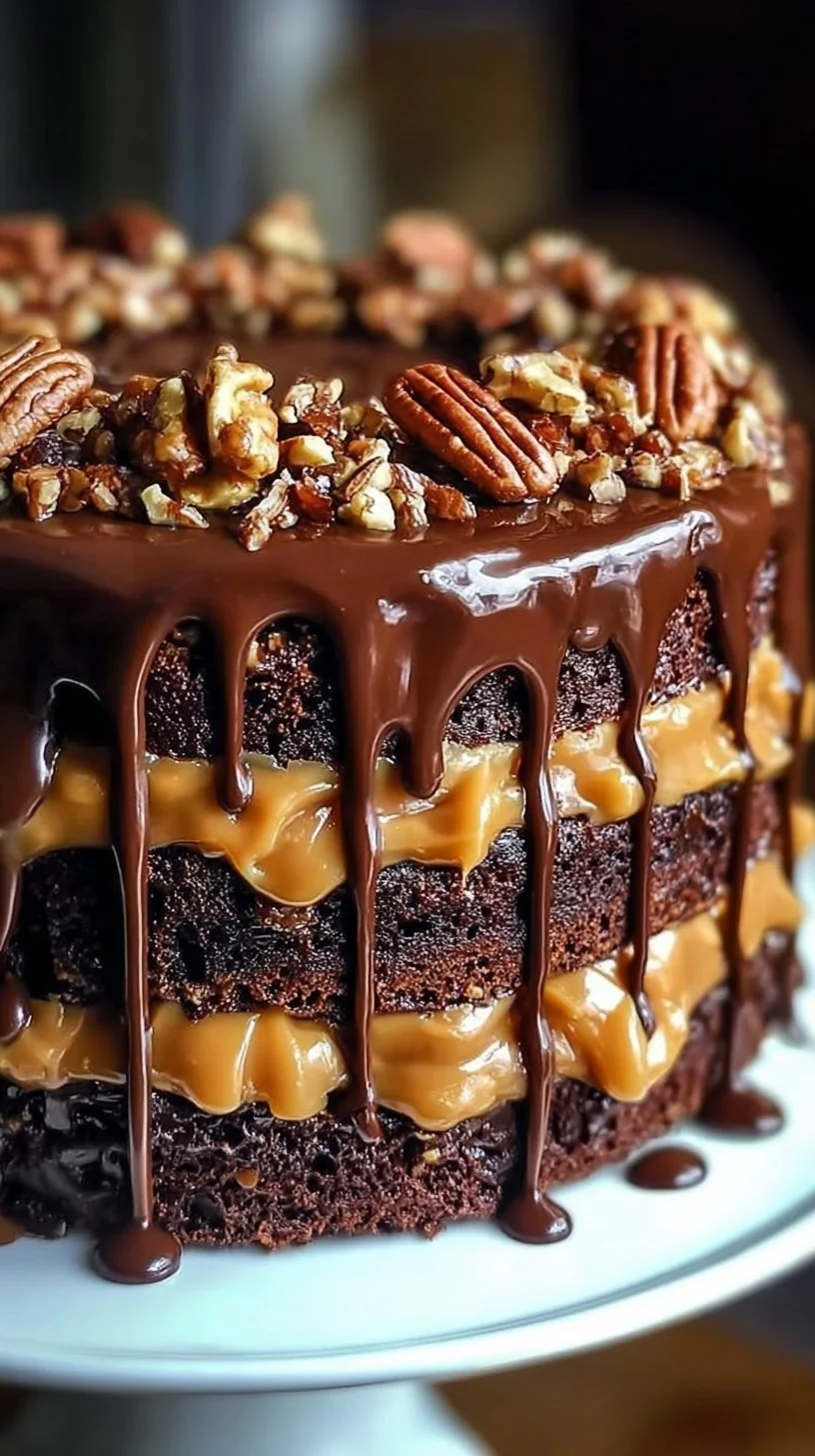Decadent turtle caramel crunch cake slice topped with pecans and chocolate drizzle. Slice of turtle caramel crunch cake with dripping caramel, pecans, and chocolate drizzle on a white plate.