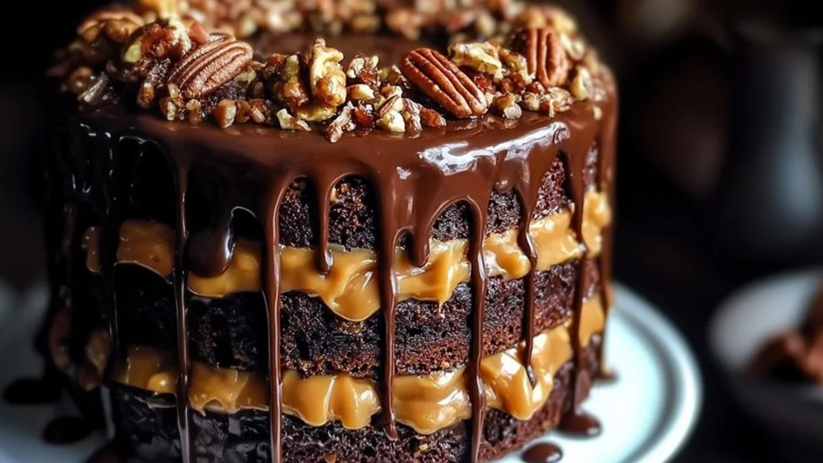 Turtle Caramel Crunch Cake 2 A decadent slice of Turtle Caramel Crunch Cake topped with caramel drizzle and pecan crunch.