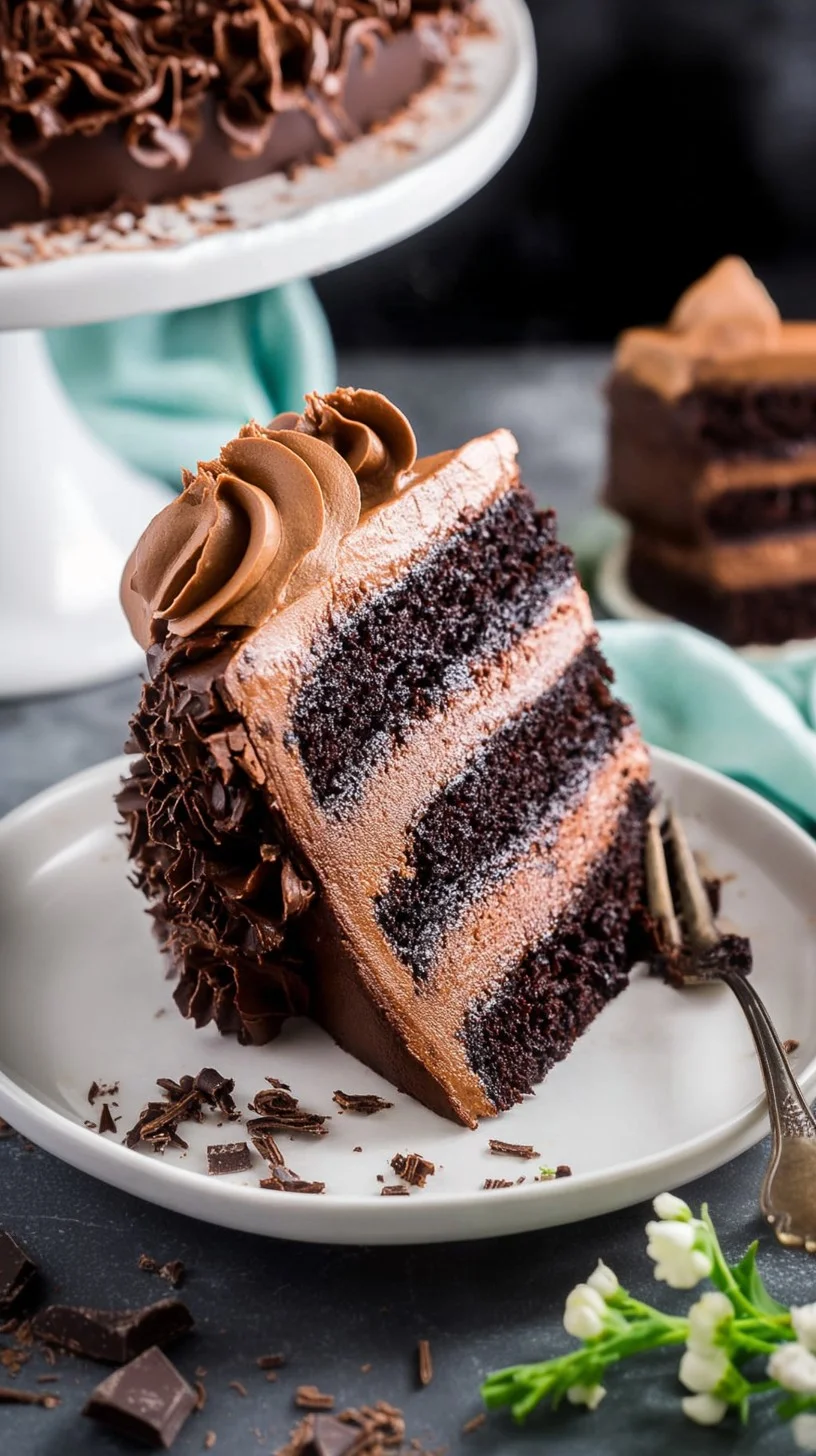Ultimate Chocolate Layers cake with five ganache-filled layers, dripping glaze, chocolate curls, and gold leaf on a wooden board