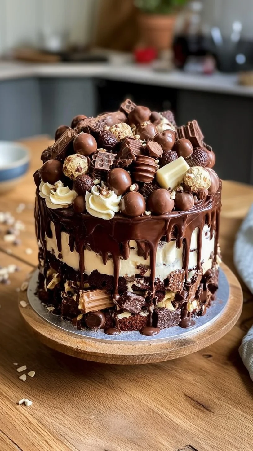 Close-up of a decadent dessert spread with cascading chocolate ganache, molten lava cake, fudgy brownies, chocolate bars, and truffles on a wooden board.