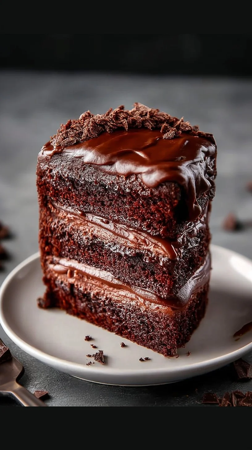 Slice of ultimate fudge chocolate cake with glossy ganache, chocolate curls, and raspberries.