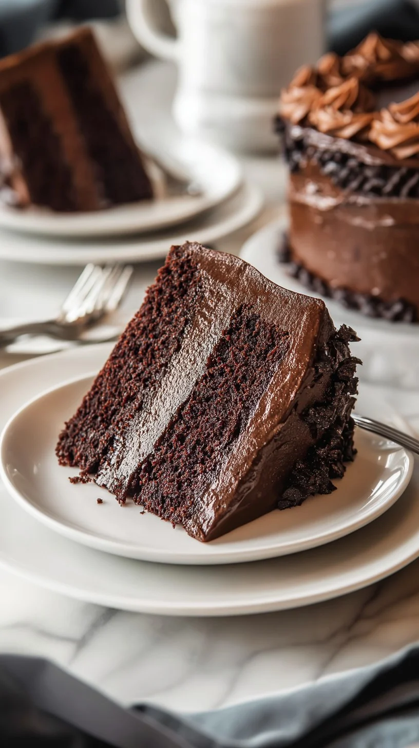 Close-up of a homemade fudge slice with glossy chocolate ganache and cocoa powder on a rustic wooden board.