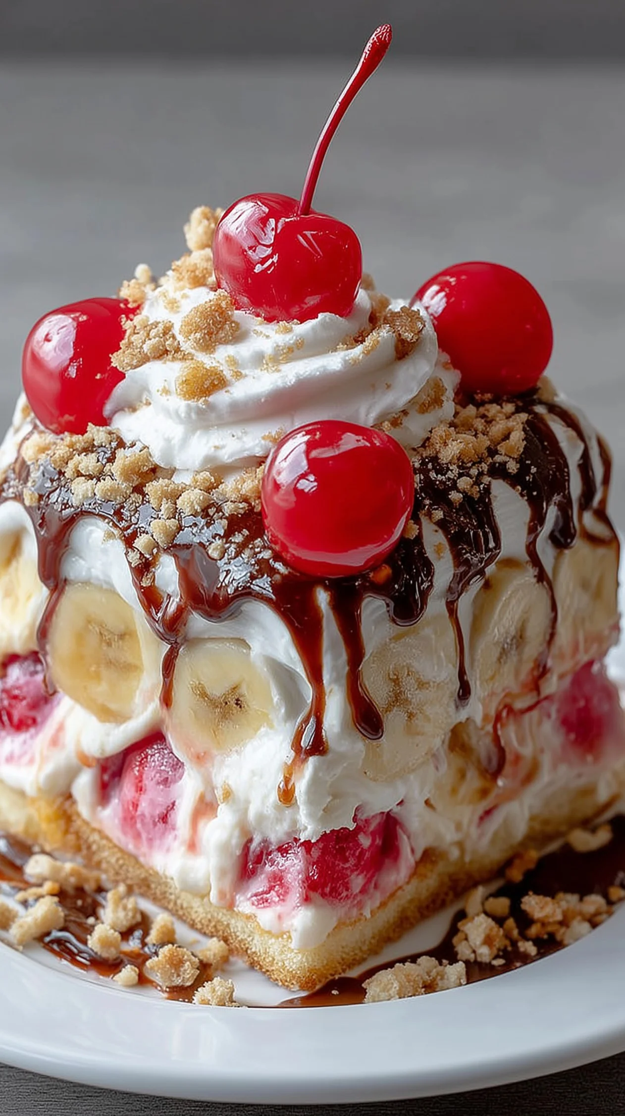 A slice of banana split cream cake with whipped cream, ice cream scoops, banana slices, chocolate drizzle, and cherries.
