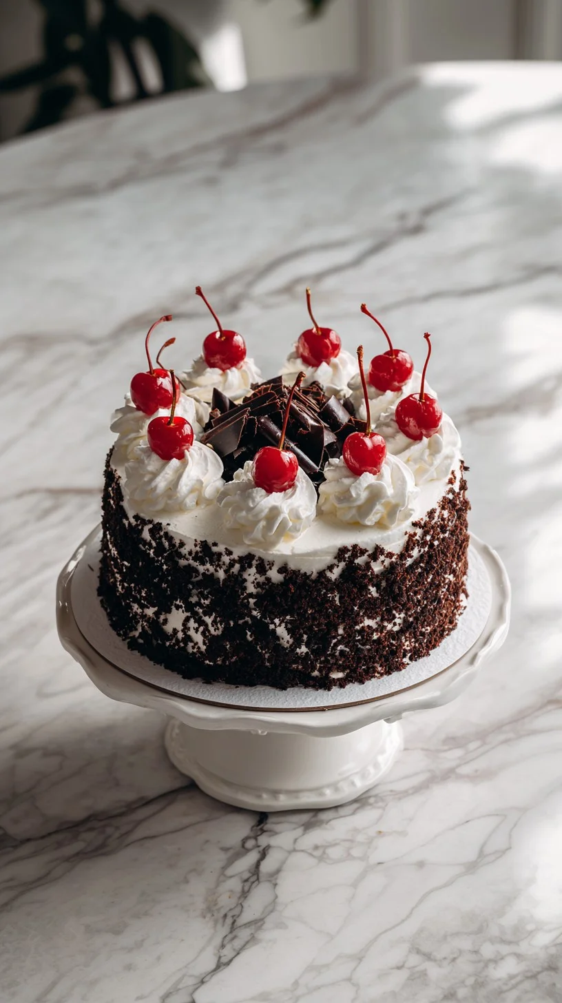 A luscious three-layer Black Forest cream cake garnished with fresh cherries and chocolate shavings. Three-layer Black Forest cream cake with whipped cream, chocolate shavings, and fresh cherries on a wooden table.