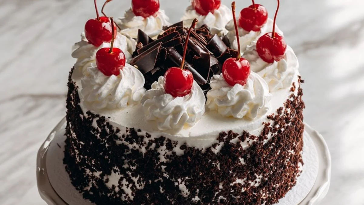 Black Forest Cream Cake 2 Slice of Black Forest Cream Cake with chocolate sponge, whipped cream, cherries, and chocolate shavings