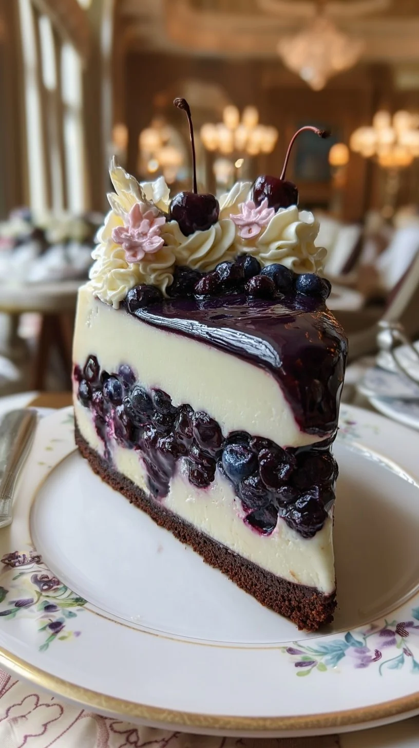 Close-up of blueberry cheesecake with glossy blueberry topping on a dark chocolate crumb base garnished with fresh blueberries and mint.