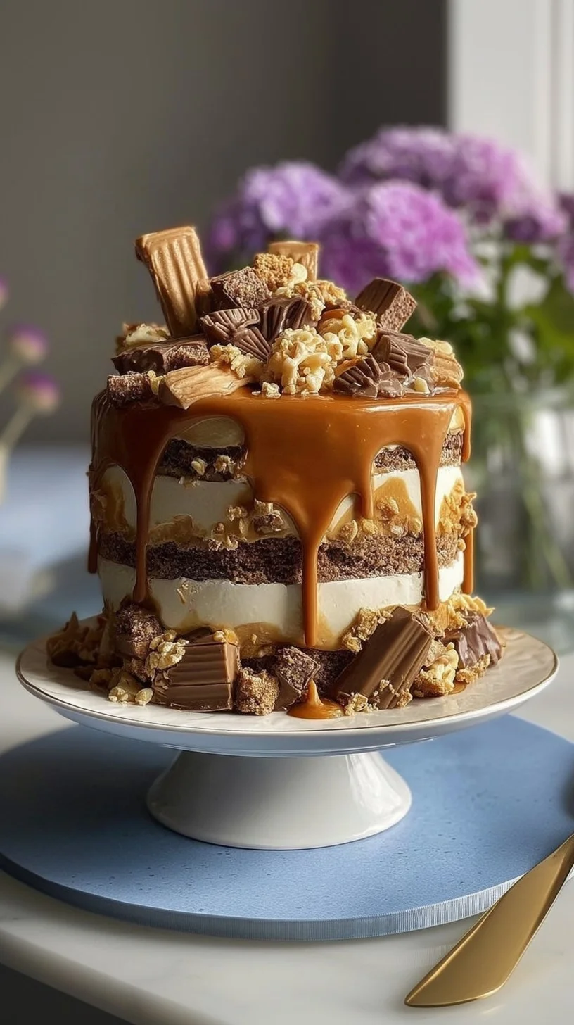 Sliced caramel chocolate crunch layer cake with glossy ganache and crunchy toffee bits.
