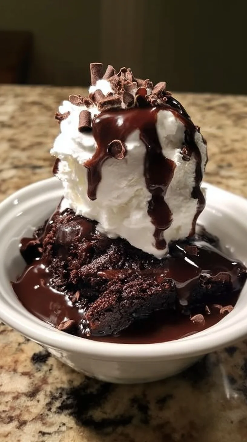 Warm chocolate brownie sundae topped with vanilla ice cream and pecans. Close-up of a warm chocolate brownie sundae with vanilla ice cream, chocolate sauce, and chopped pecans.