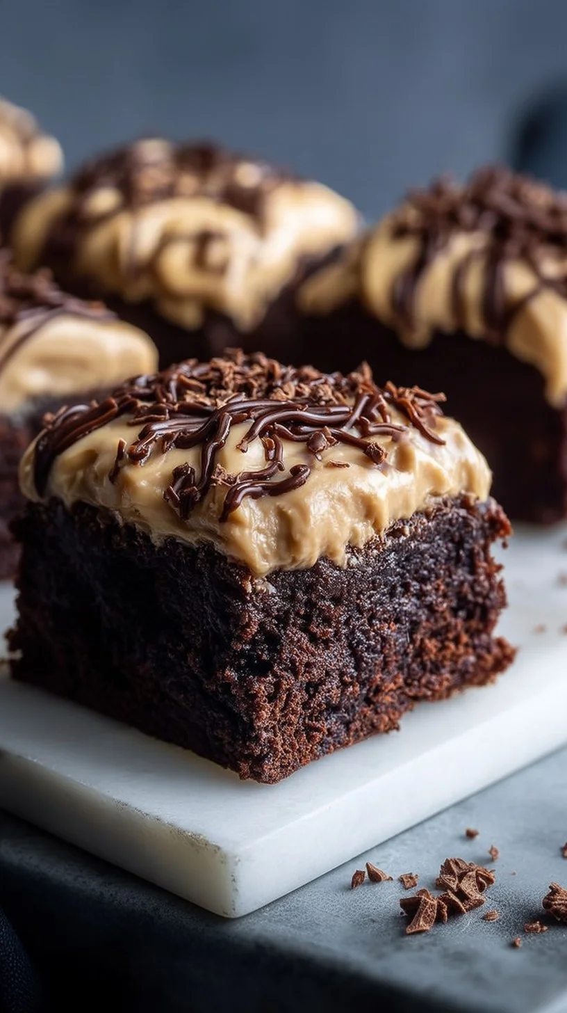 Close-up of a multi-layered chocolate cake with glossy caramel cream topping and chocolate curls.