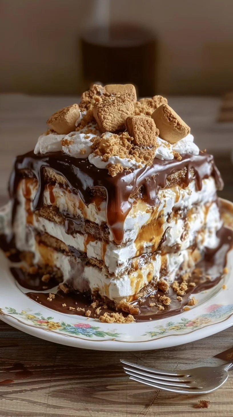 Chocolate caramel biscuit cream dessert in glass trifle dish with caramel drizzle and biscuit crumb.