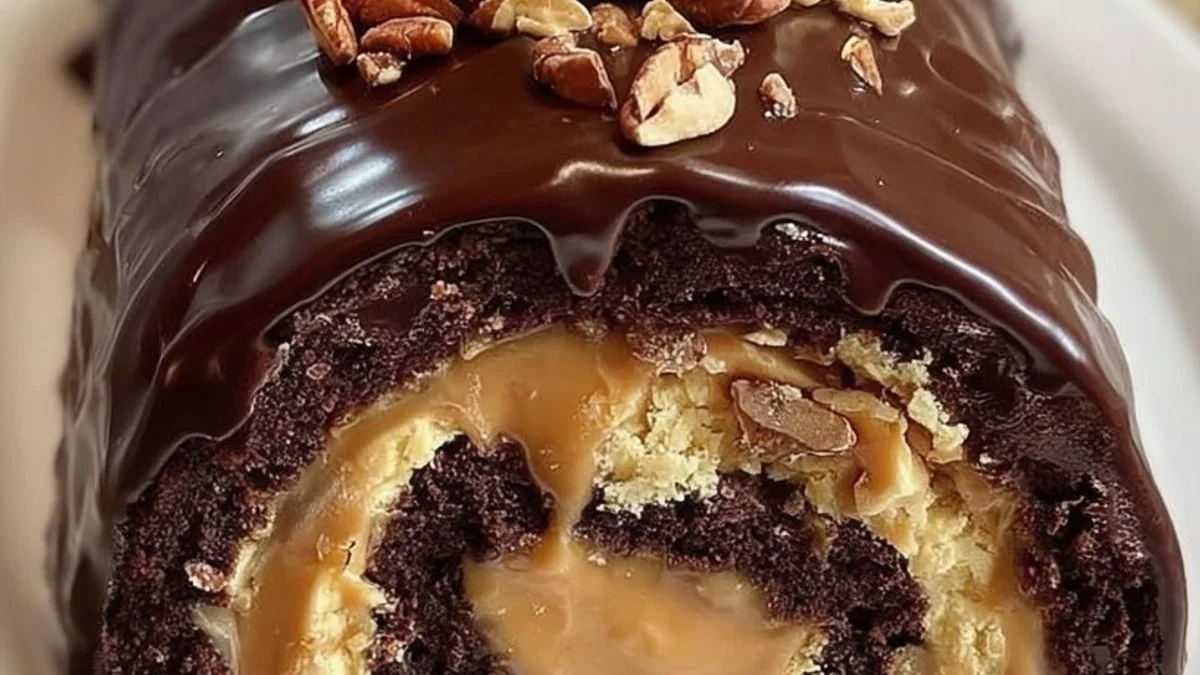 A Chocolate Caramel Roll sliced to reveal gooey caramel and rich chocolate layers on a plate.