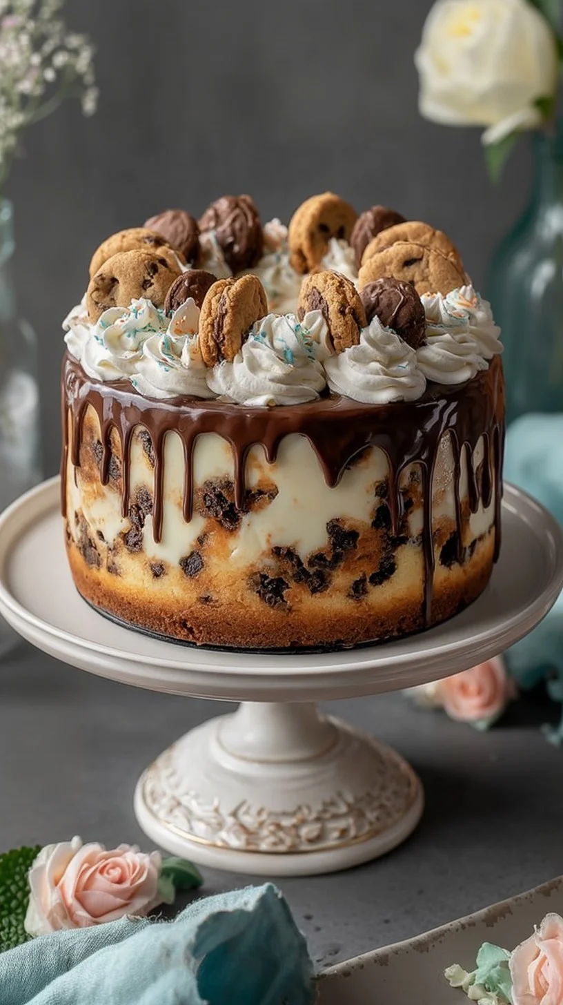 chocolate chip cookie crust cheesecake with glossy chocolate drip and extra chocolate chunks