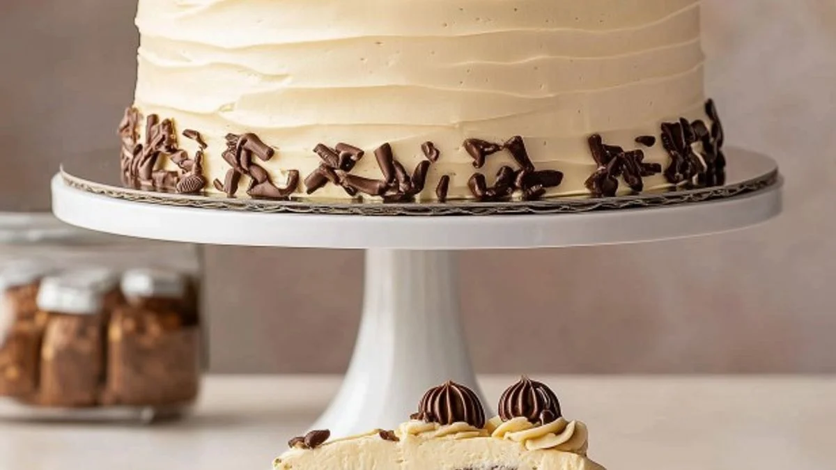 A slice of Chocolate Chip Vanilla Layer Cake with creamy vanilla frosting and scattered chocolate chips