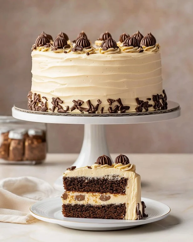 Three-tier vanilla layer cake with vanilla frosting and scattered chocolate chips on a wooden table lit by natural light