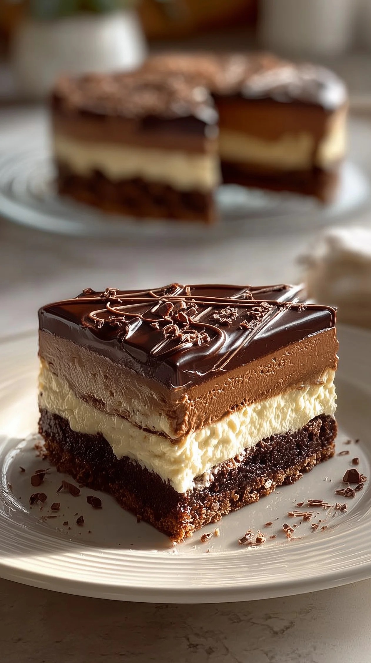 Slice of chocolate cream layered cake with chocolate shavings on a white plate.