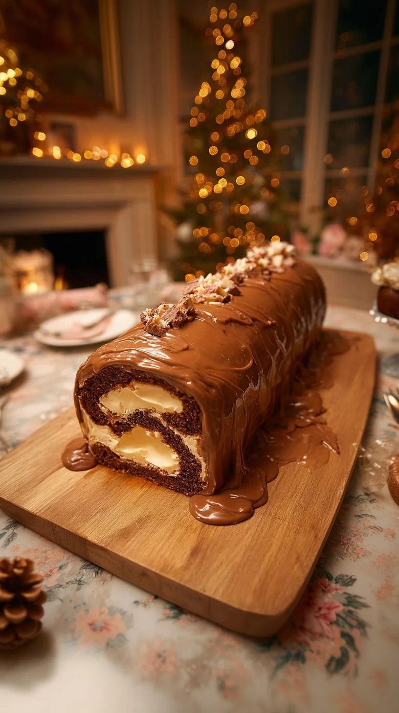 A rich chocolate cream roll cake elegantly presented and dusted with cocoa. Chocolate cream roll cake slice showing spiral of vanilla cream filling on a wooden board with cocoa dusting.